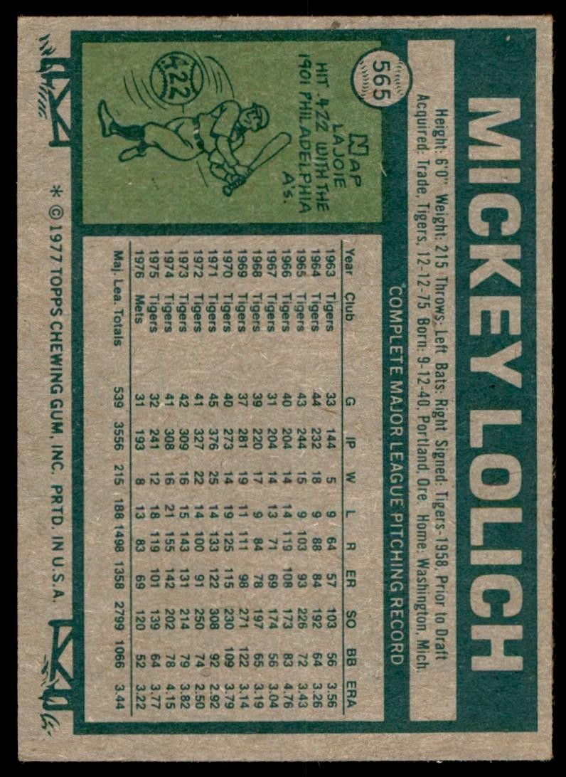 1977 TOPPS MICKEY LOLICH NEW YORK METS #565