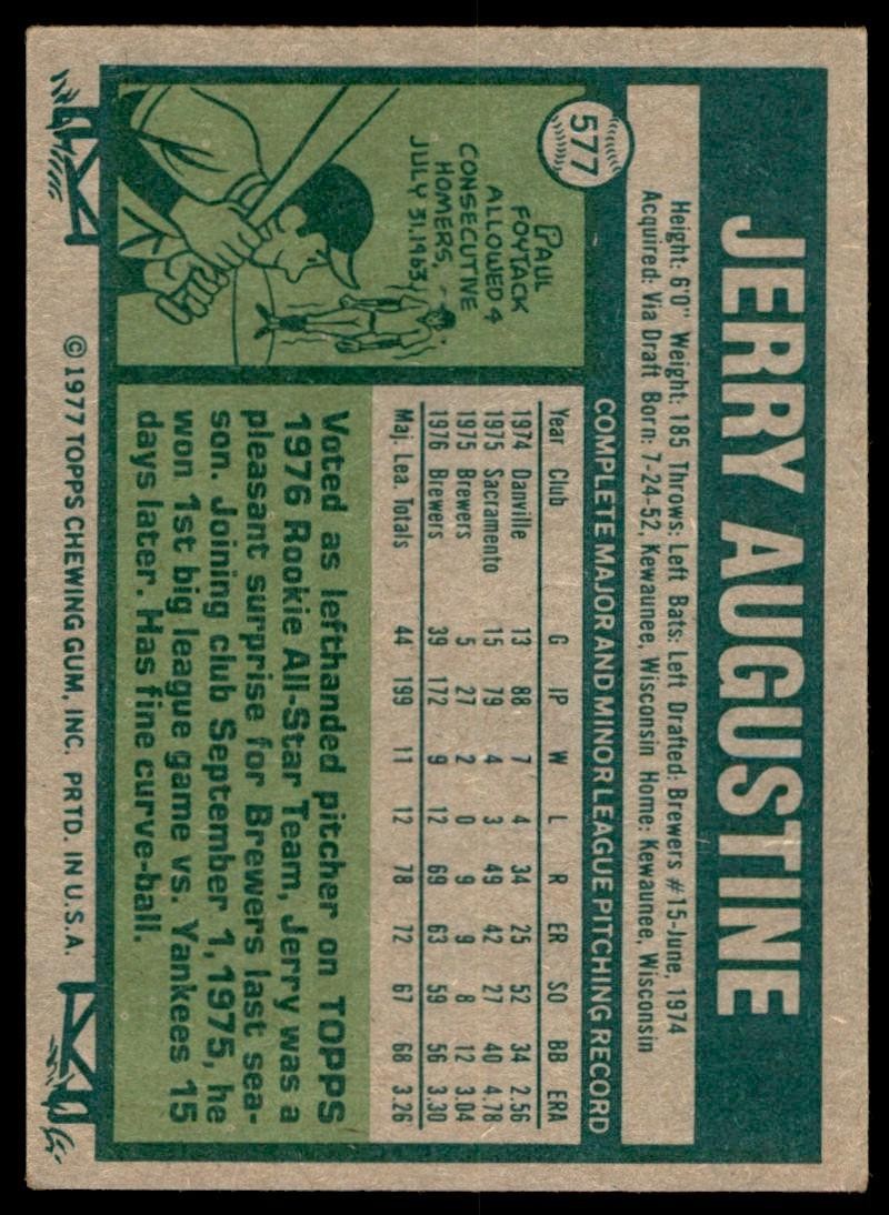 1977 TOPPS JERRY AUGUSTINE MILWAUKEE BREWERS #577