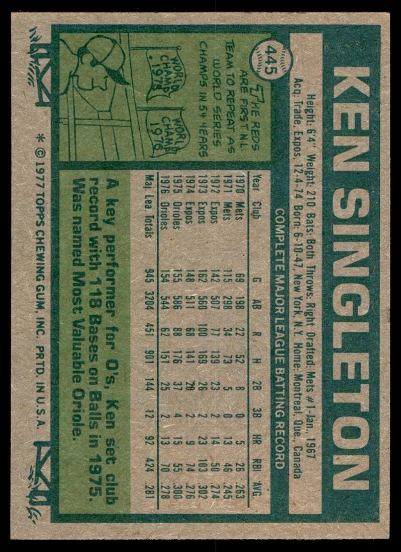 1977 TOPPS KEN SINGLETON BALTIMORE ORIOLES #445