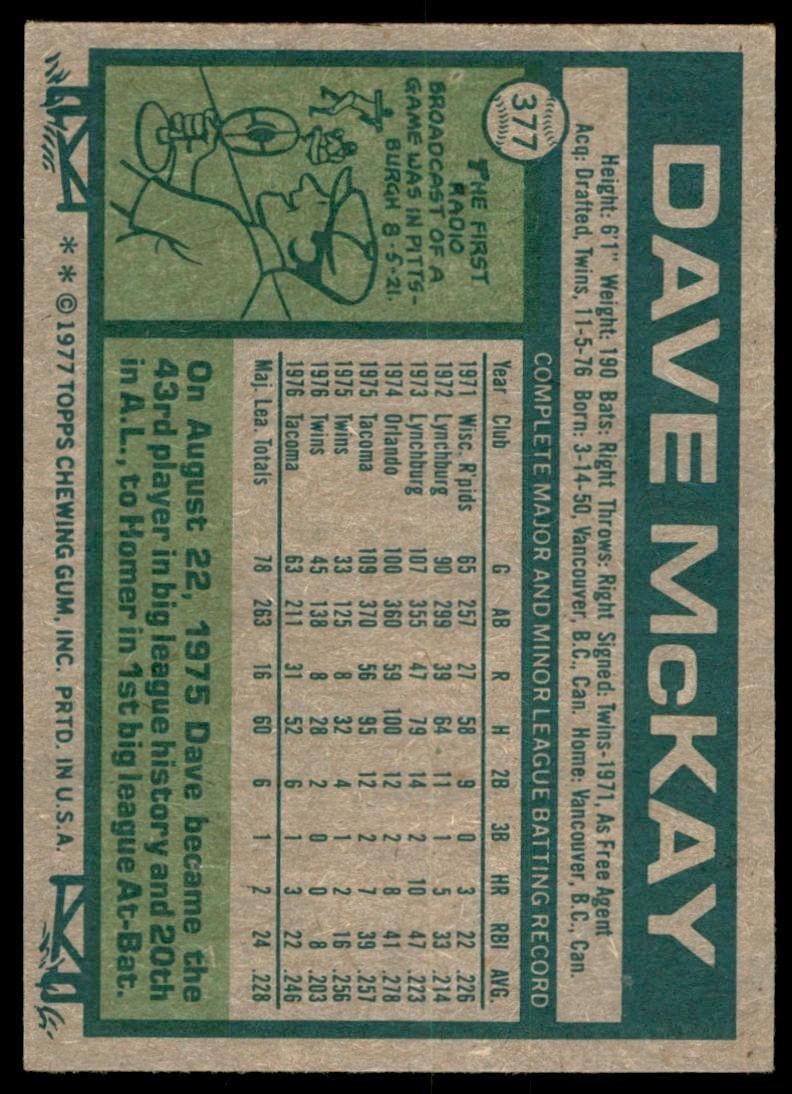 1977 TOPPS DAVE MCKAY. TORONTO BLUE JAYS #377