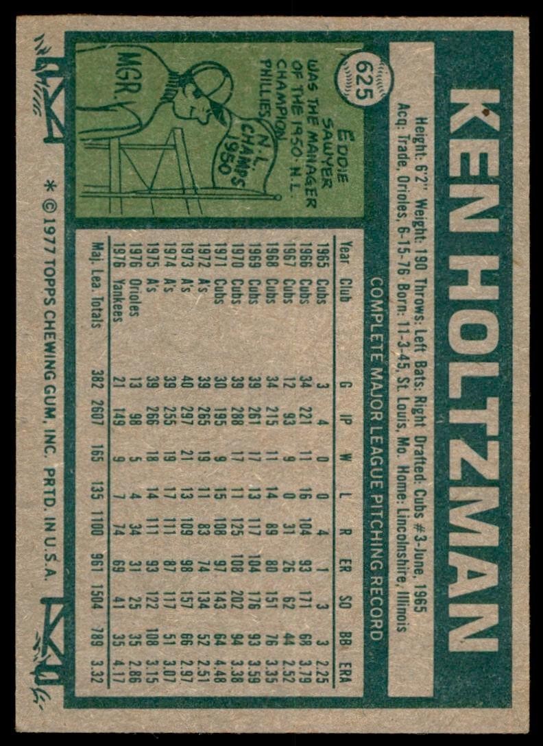 1977 TOPPS KEN HOLTZMAN NEW YORK YANKEES #625