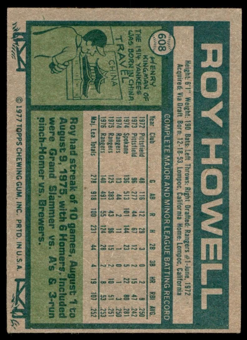 1977 TOPPS ROY HOWELL TEXAS RANGERS. #608