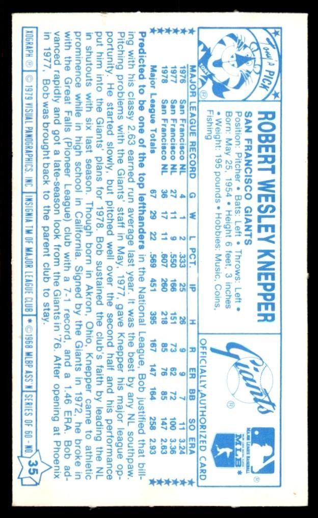 1979 KELLOGG'S XOGRAPH 3-D BOB KNEPPER SAN FRANCISCO GIANTS #35