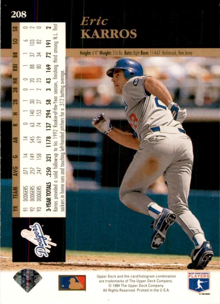 1994 UPPER DECK* ERIC KARROS LOS ANGELES DODGERS #208