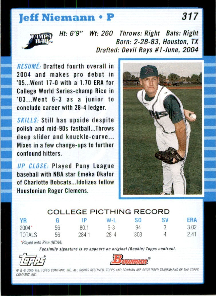 2005 BOWMAN JEFF NIEMANN TAMPA BAY DEVIL RAYS #317