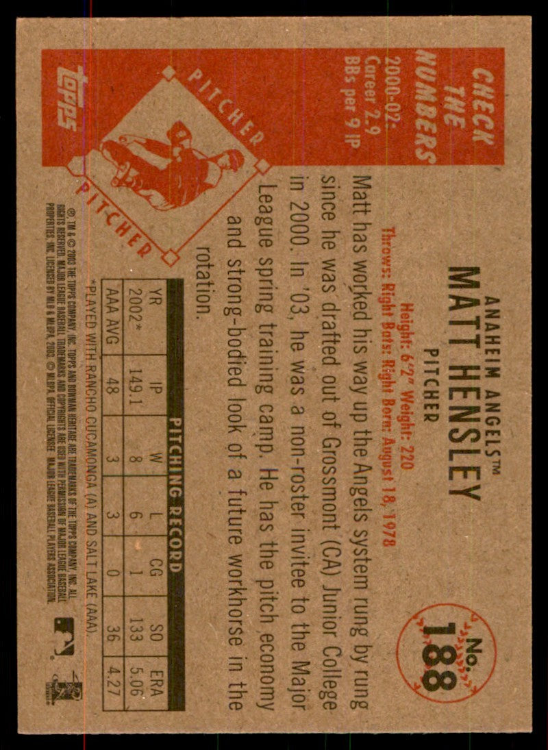 2003 BOWMAN HERITAGE. MATT HENSLEY ANAHEIM ANGELS #188