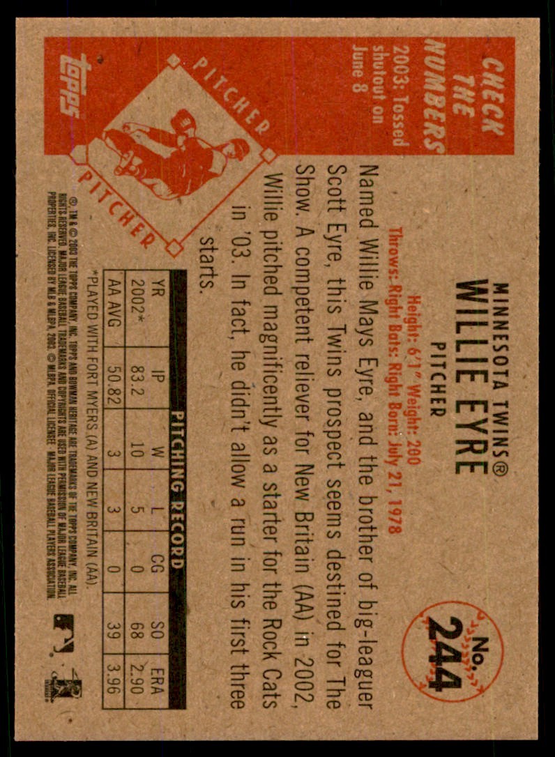 2003 BOWMAN HERITAGE WILLIE EYRE MINNESOTA TWINS #244