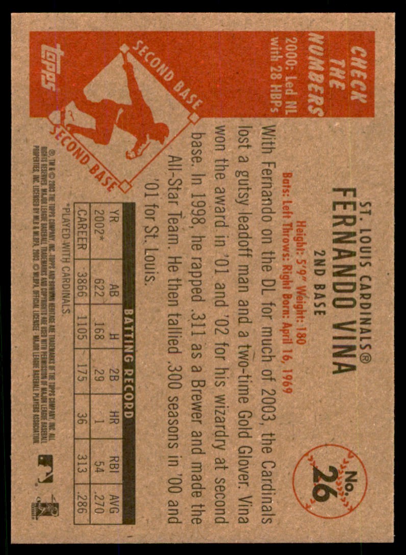 2003 BOWMAN HERITAGE FERNANDO VINA ST. LOUIS CARDINALS #26