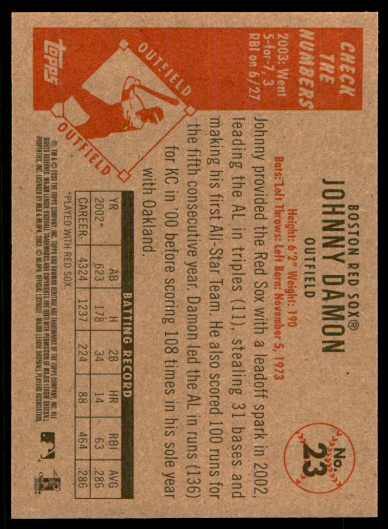 2003 BOWMAN HERITAGE JOHNNY DAMON BOSTON RED SOX #23