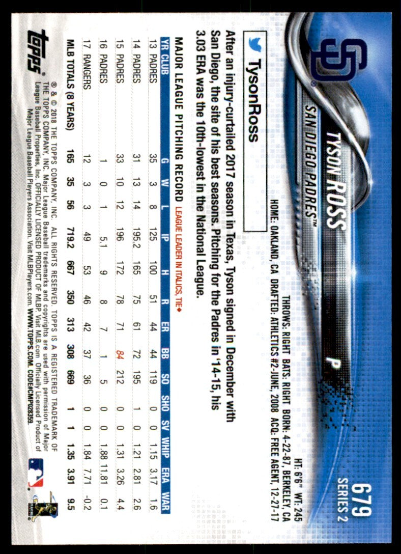 2018 TOPPS TYSON ROSS SAN DIEGO PADRES #679