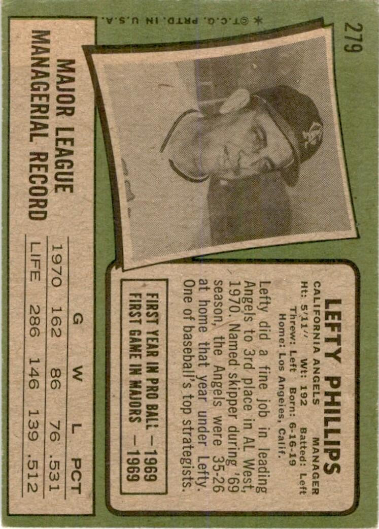 1971 TOPPS LEFTY PHILLIPS CALIFORNIA ANGELS #279