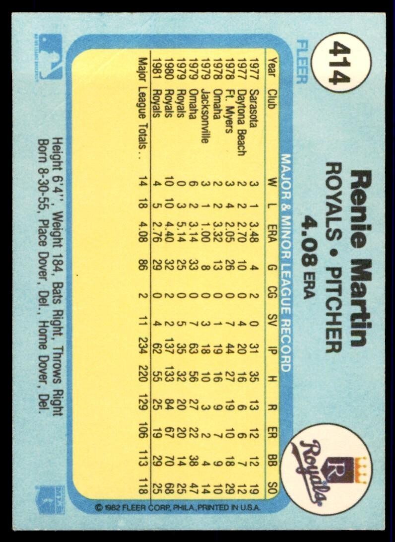 1982 FLEER RENIE MARTIN KANSAS CITY ROYALS #414