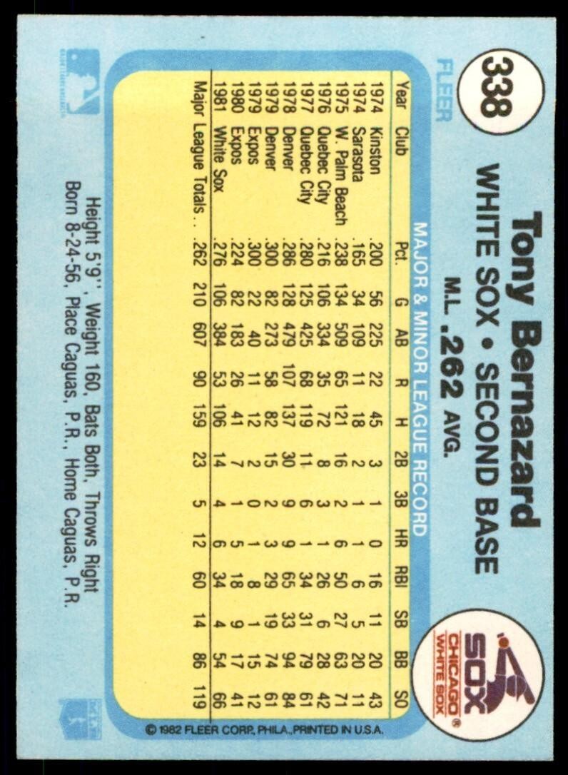 1982 FLEER TONY BERNAZARD CHICAGO WHITE SOX #338