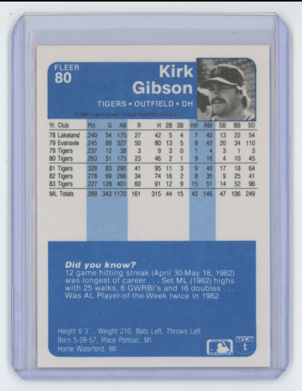 1984 FLEER KIRK GIBSON DETROIT TIGERS #80