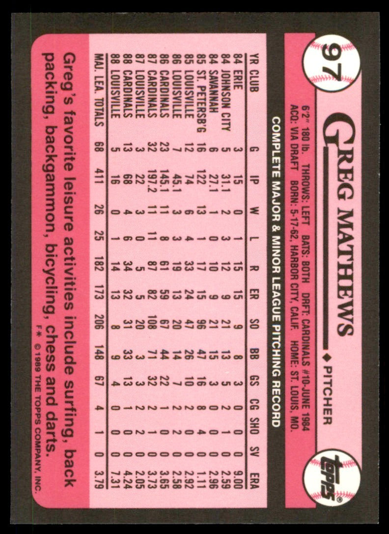 1989 Topps Tiffany Greg Mathews St. Louis Cardinals #97