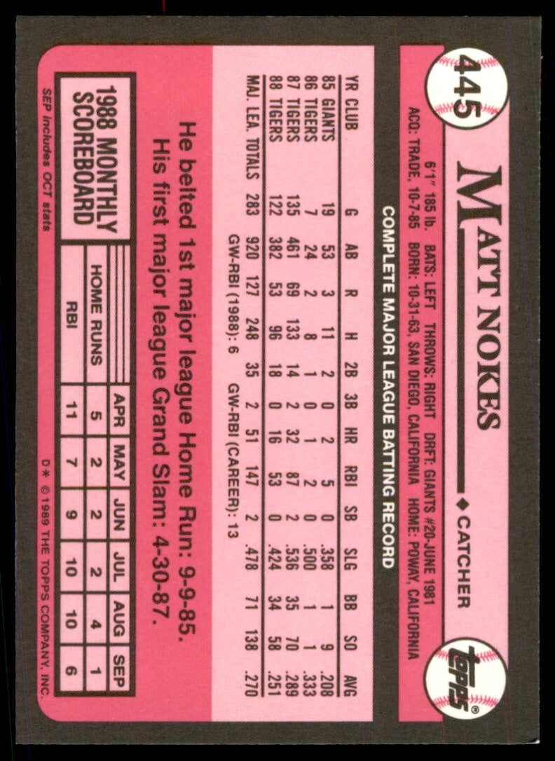 1989 Topps Tiffany Matt Nokes Detroit Tigers #445