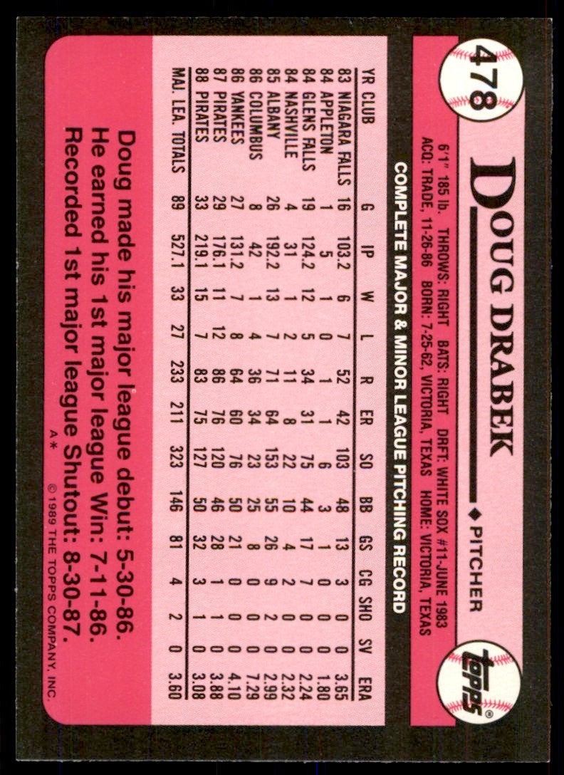1989 Topps Tiffany Doug Drabek Pittsburgh Pirates #478