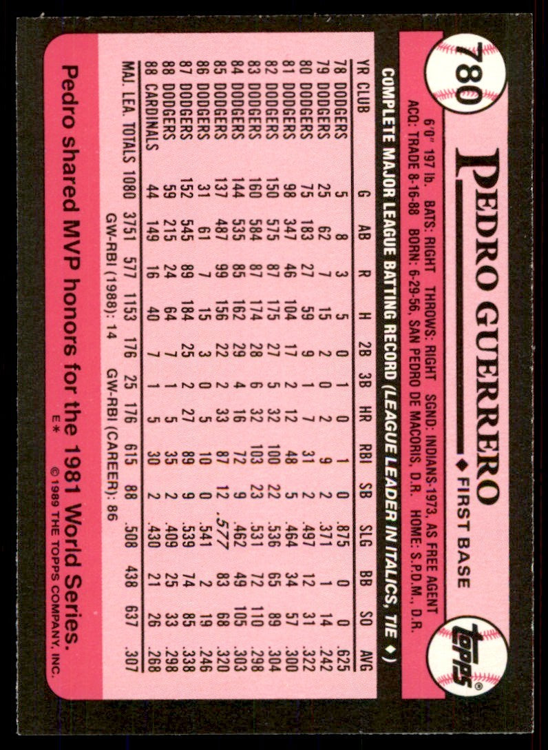 1989 Topps Tiffany Pedro Guerrero St. Louis Cardinals #780