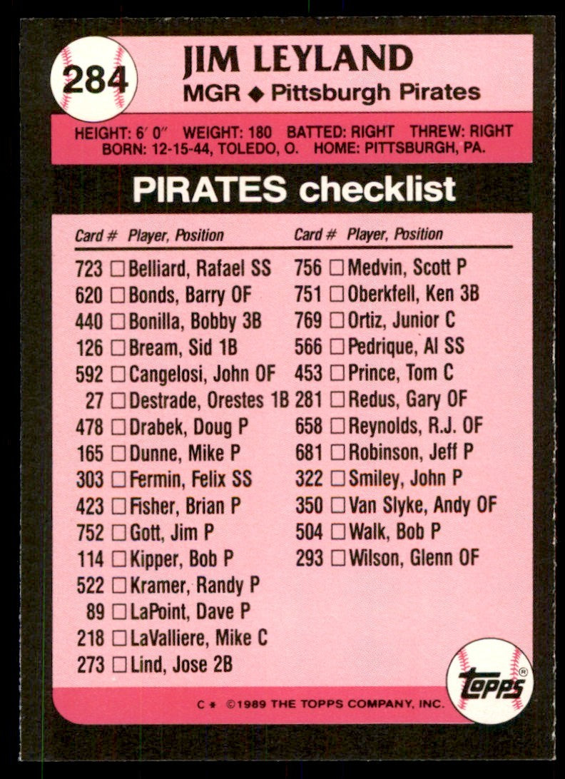 1989 Topps Tiffany Jim Leyland Pittsburgh Pirates #284
