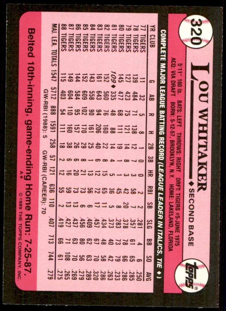 1989 Topps Tiffany Lou Whitaker Detroit Tigers #320