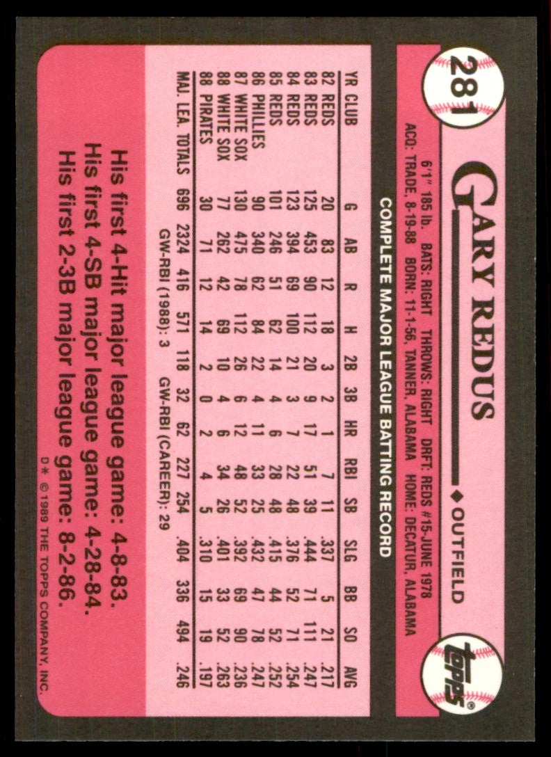 1989 Topps Tiffany Gary Redus Pittsburgh Pirates #281