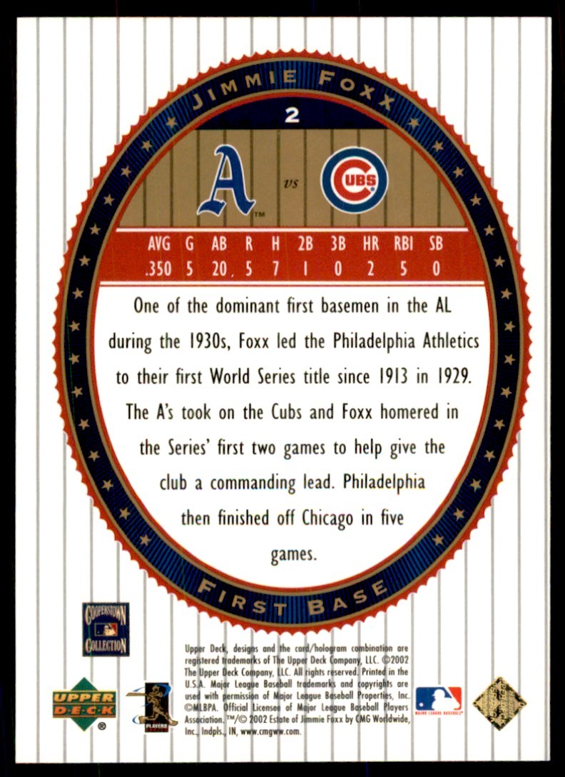 2002 UPPER DECK WORLD SERIES HEROES JIMMIE FOXX PHILADELPHIA ATHLETICS #2