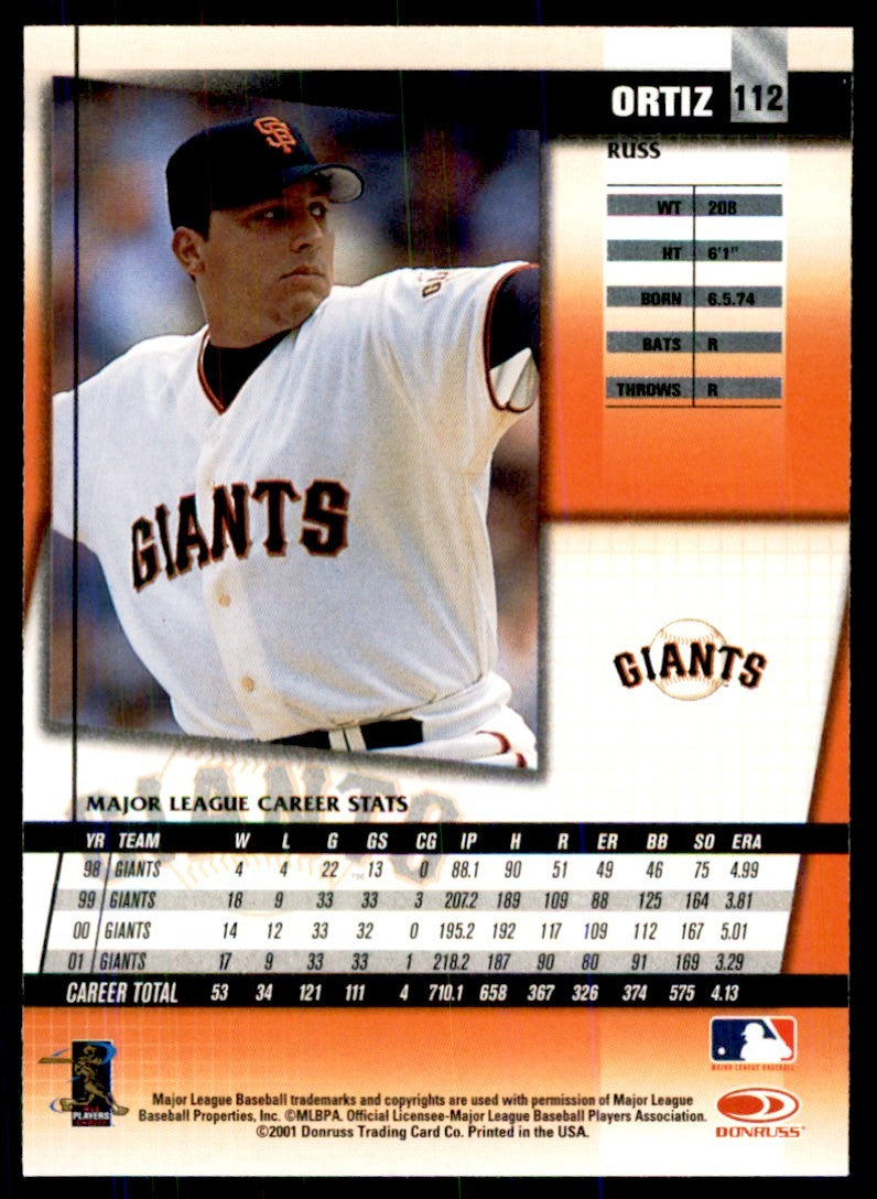 2002 DONRUSS FAN CLUB RUSS ORTIZ SAN FRANCISCO GIANTS #112