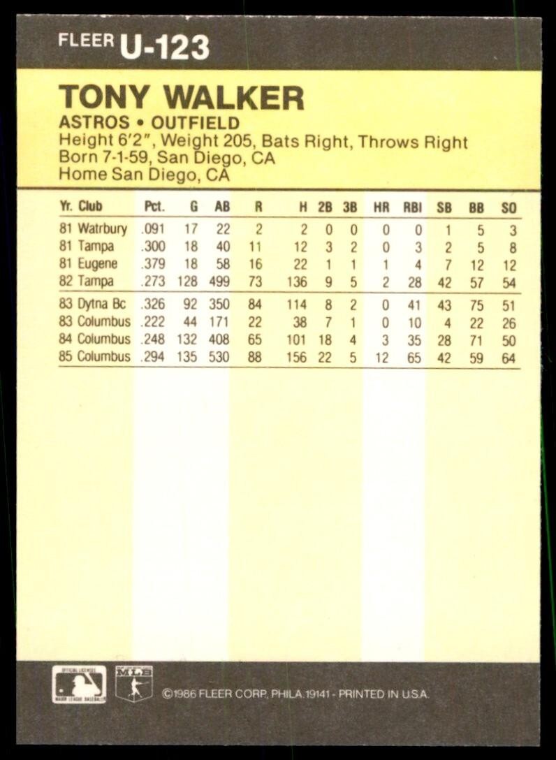 1986 FLEER UPDATE TONY WALKER HOUSTON ASTROS #U-123
