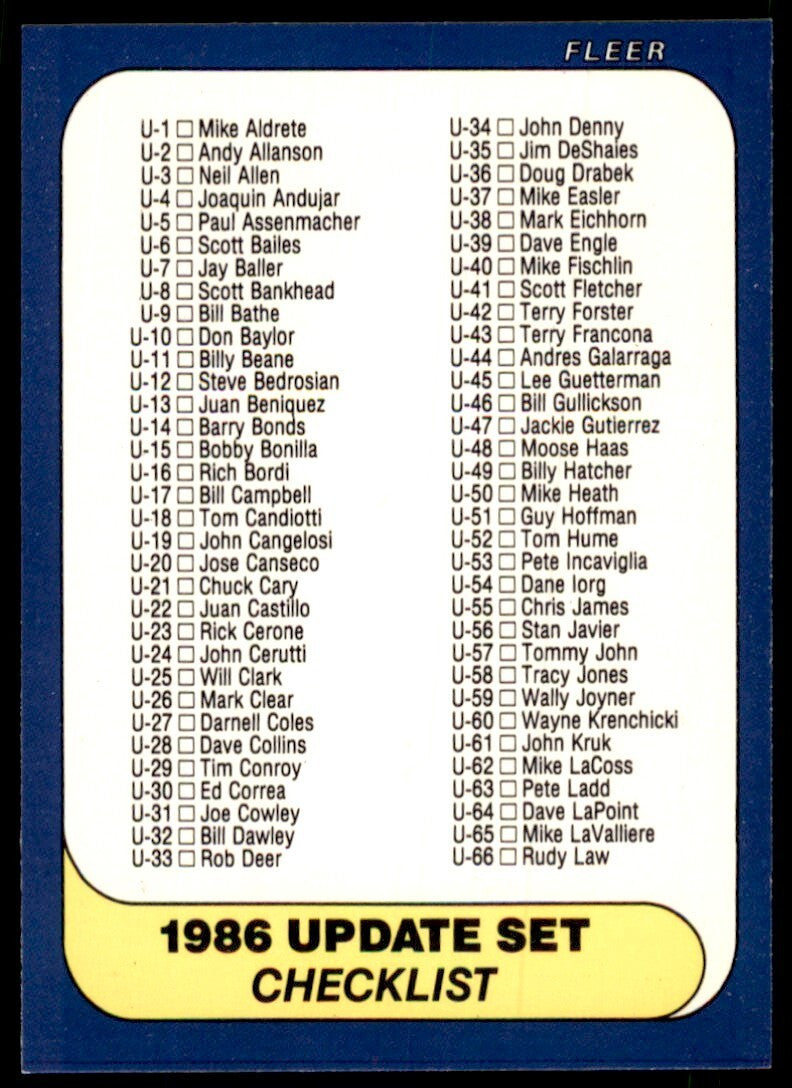 1986 Fleer Update ChecklistU1-U132 #U-132