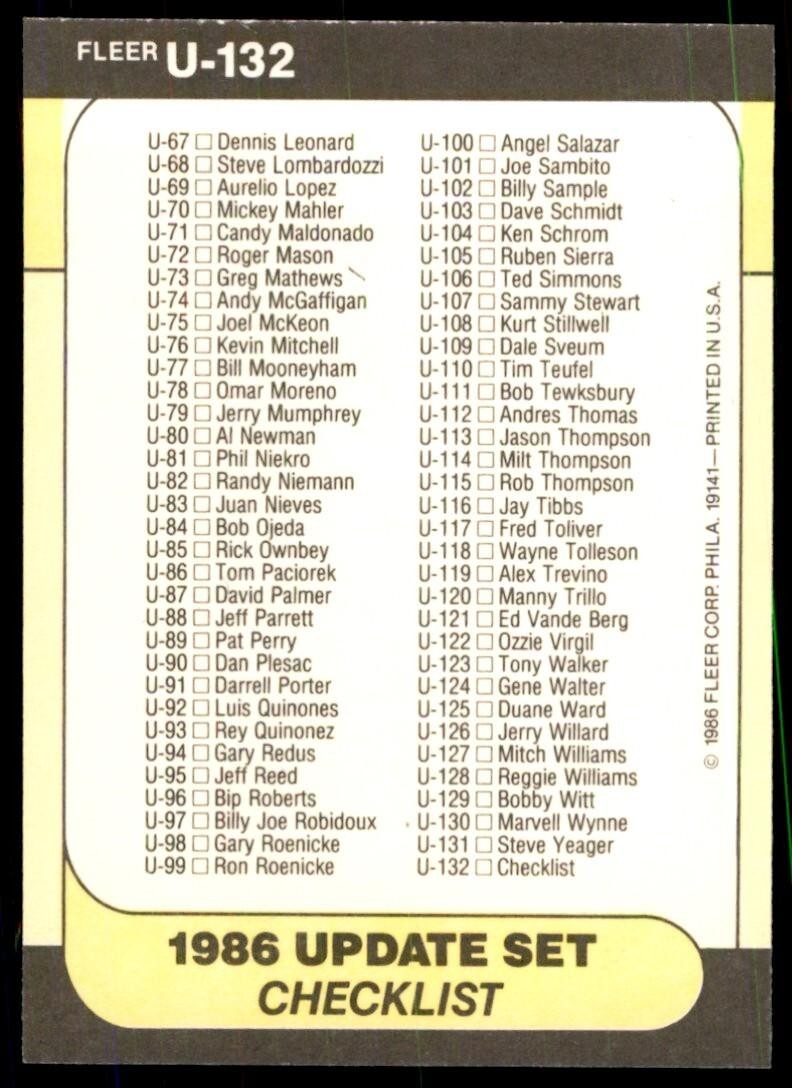 1986 Fleer Update ChecklistU1-U132 #U-132