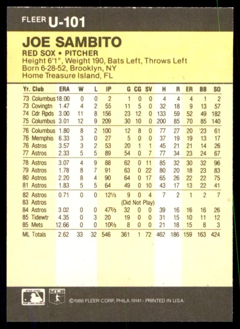 1986 FLEER UPDATE JOE SAMBITO BOSTON RED SOX #U-101
