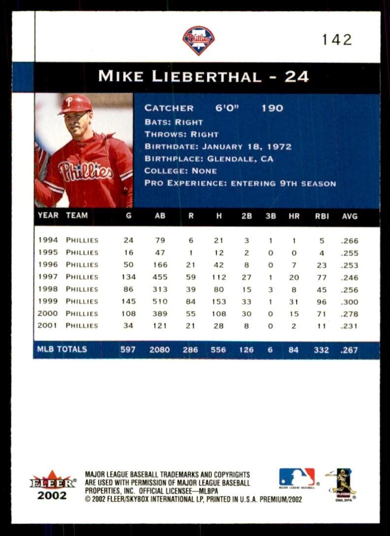 2002 FLEER PREMIUM MIKE LIEBERTHAL PHILADELPHIA PHILLIES #142