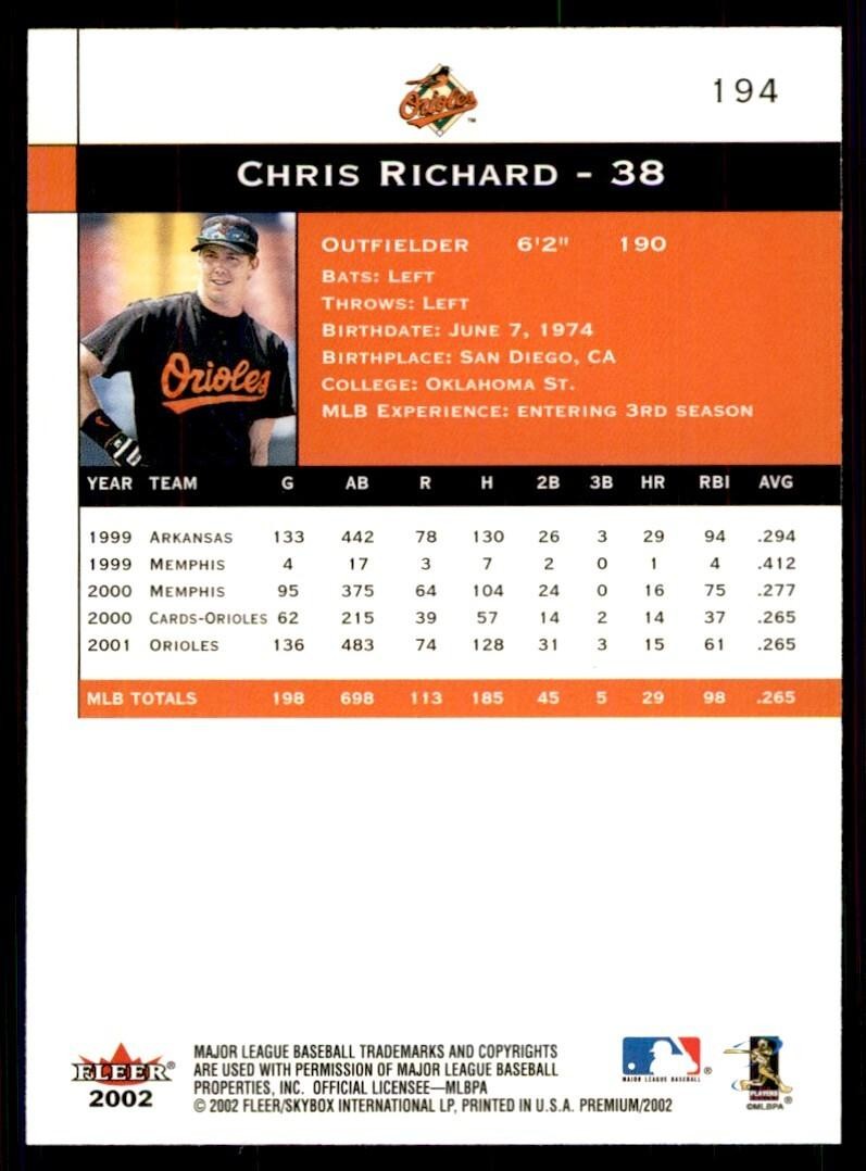 2002 FLEER PREMIUM CHRIS RICHARD BALTIMORE ORIOLES #194