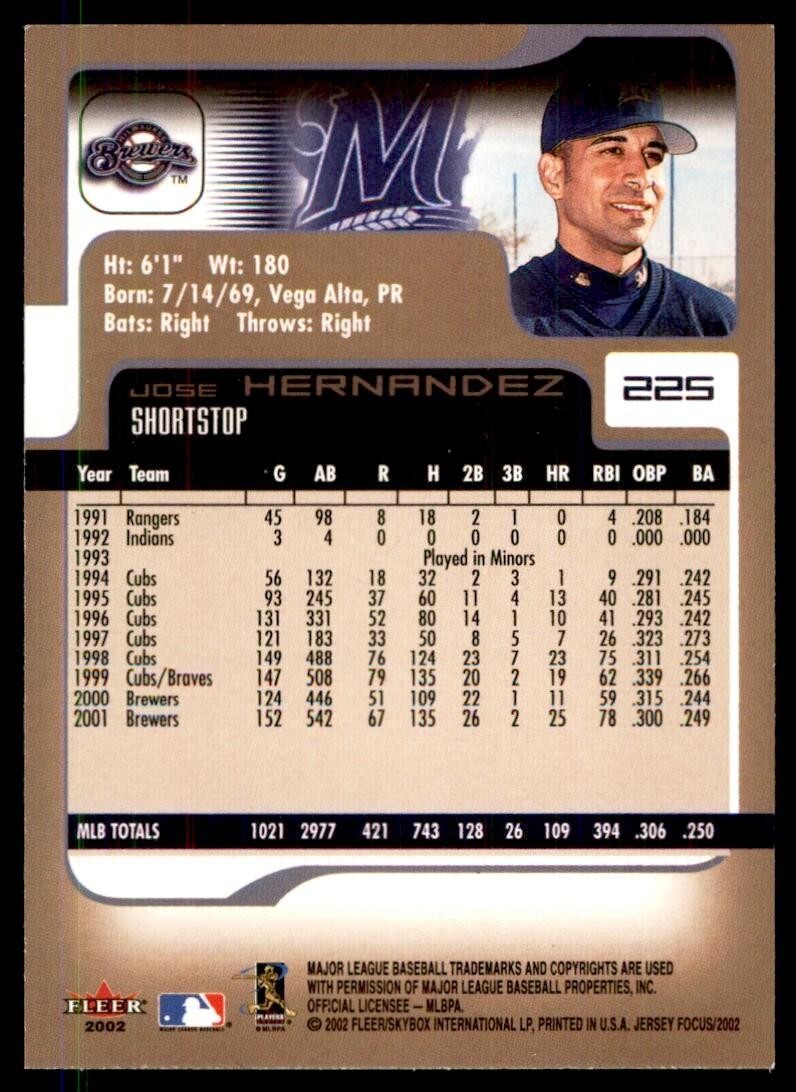 2002 FLEER FOCUS JOSE HERNANDEZ MILWAUKEE BREWERS #225