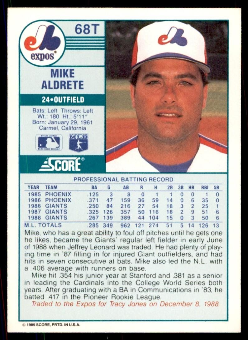 1989 SCORE TRADED. MIKE ALDRETE MONTREAL EXPOS #68T