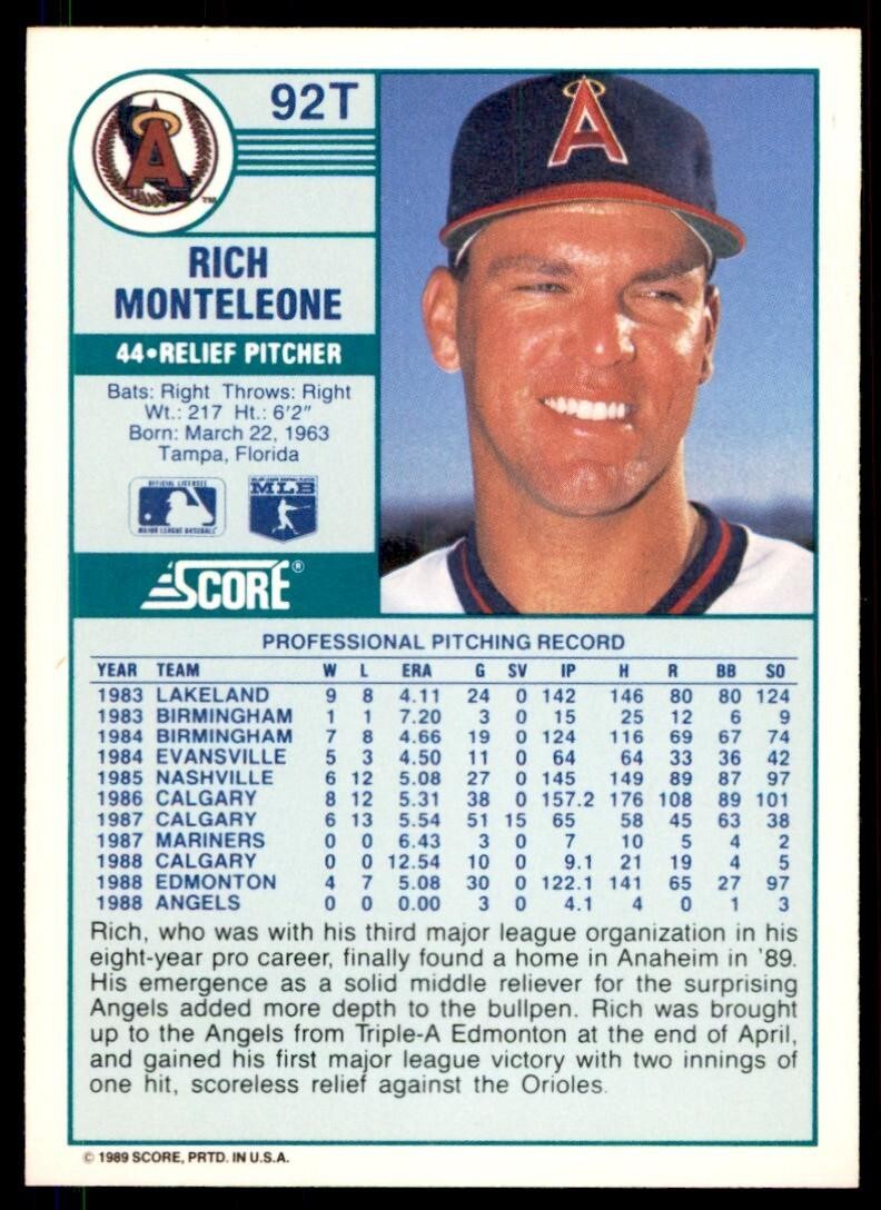 1989 SCORE TRADED. RICH MONTELEONE CALIFORNIA ANGELS #92T