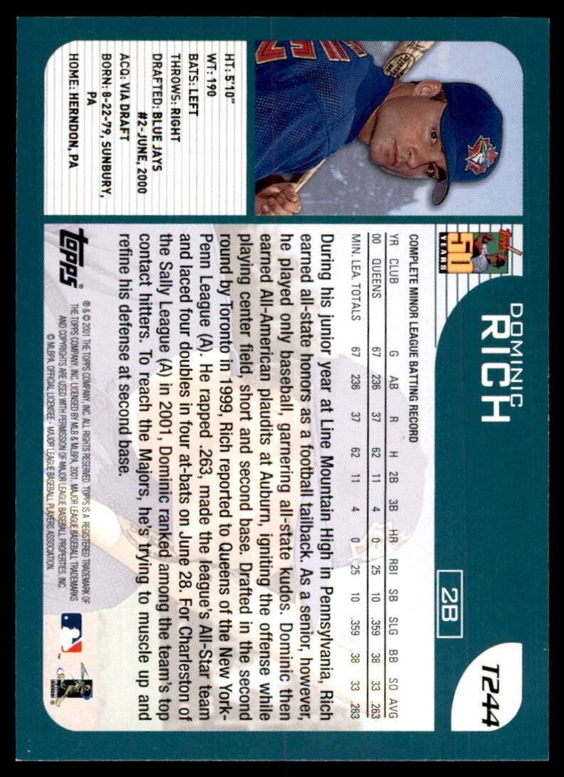 2001 TOPPS TRADED ROOKIES DOMINIC RICH TORONTO BLUE JAYS #T244