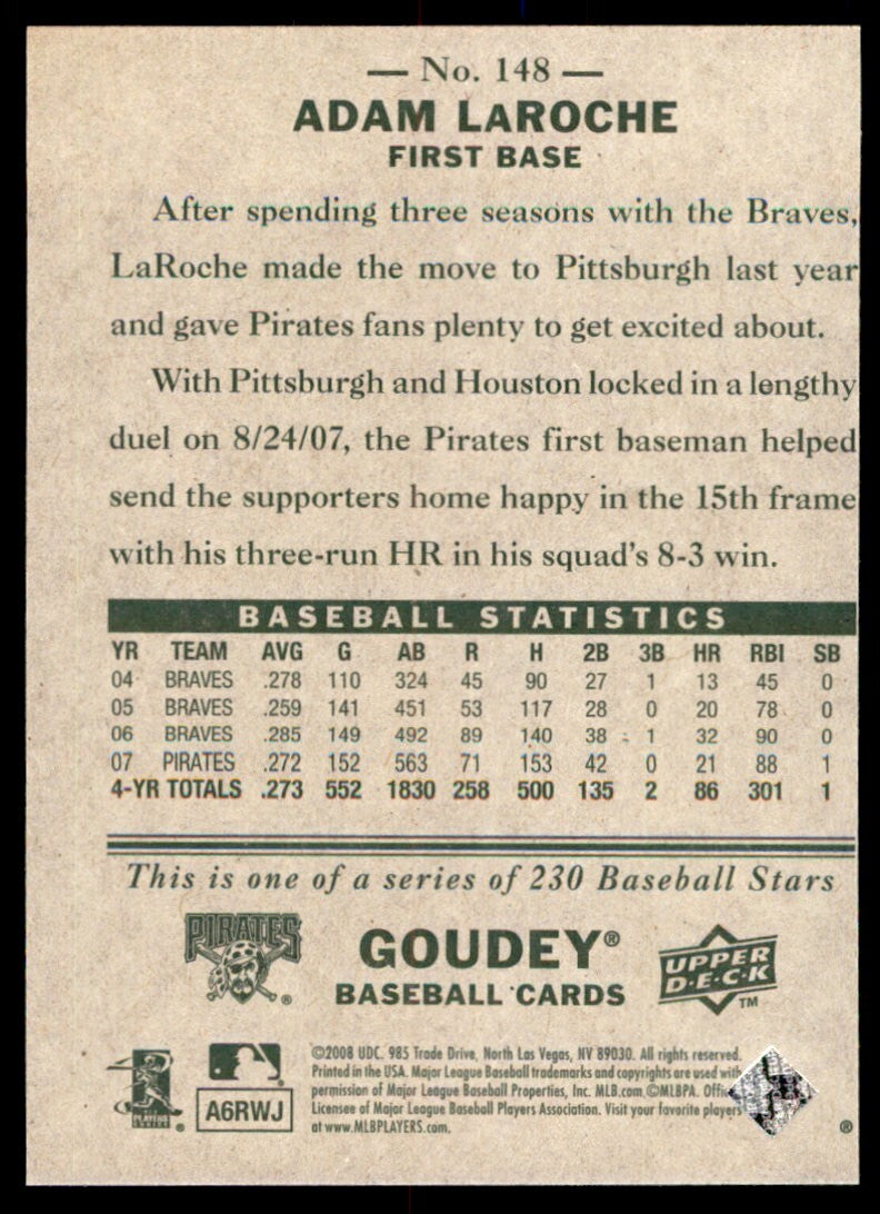 2008 UPPER DECK GOUDEY ADAM LAROCHE; PITTSBURGH PIRATES #148