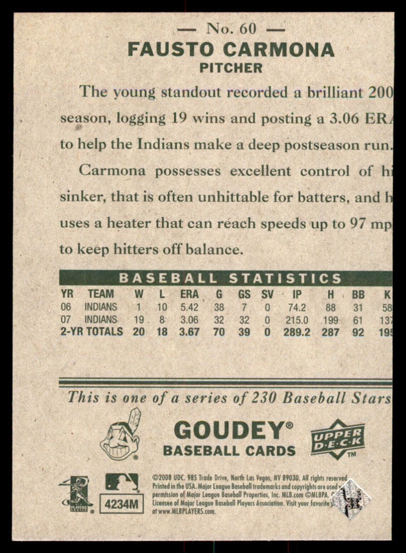 2008 UPPER DECK GOUDEY FAUSTO CARMONA CLEVELAND INDIANS #60