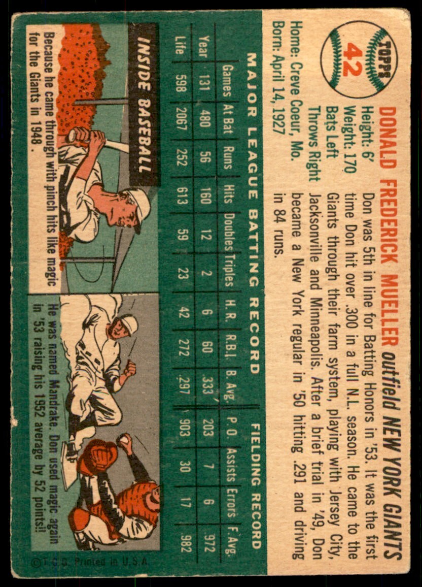 1954 TOPPS DON MUELLER. NEW YORK GIANTS #42