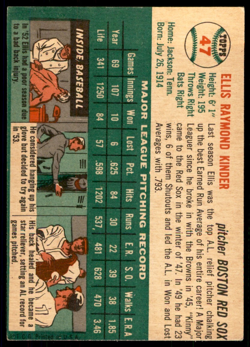 1954 TOPPS. ELLIS KINDER BOSTON RED SOX #47