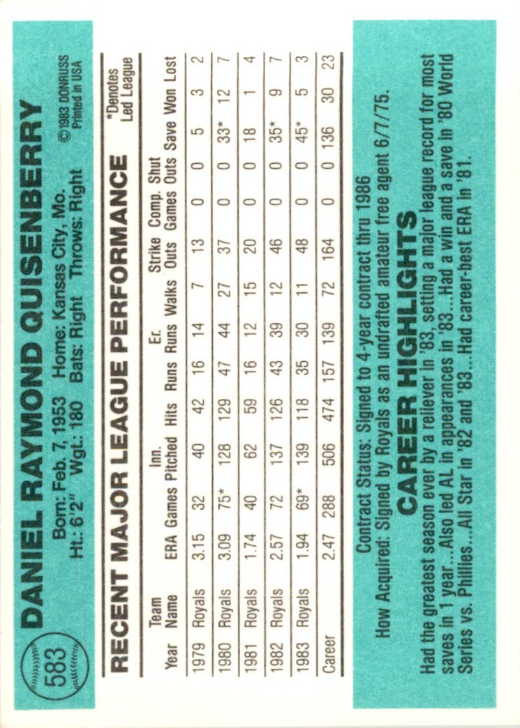 1984 DONRUSS DAN QUISENBERRY KANSAS CITY ROYALS #583