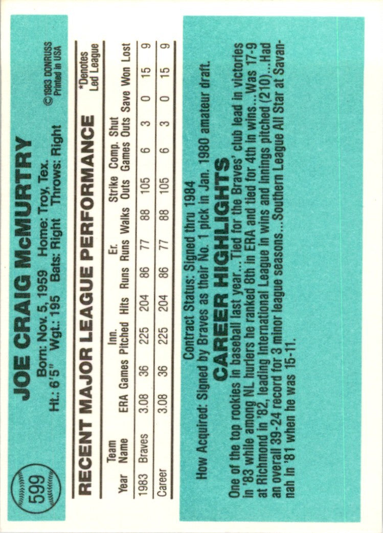 1984 DONRUSS CRAIG MCMURTRY ATLANTA BRAVES #599