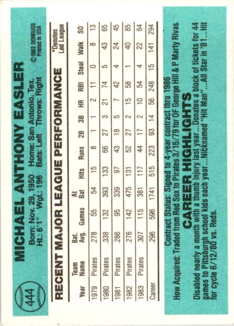 1984 DONRUSS MIKE EASLER PITTSBURGH PIRATES #444