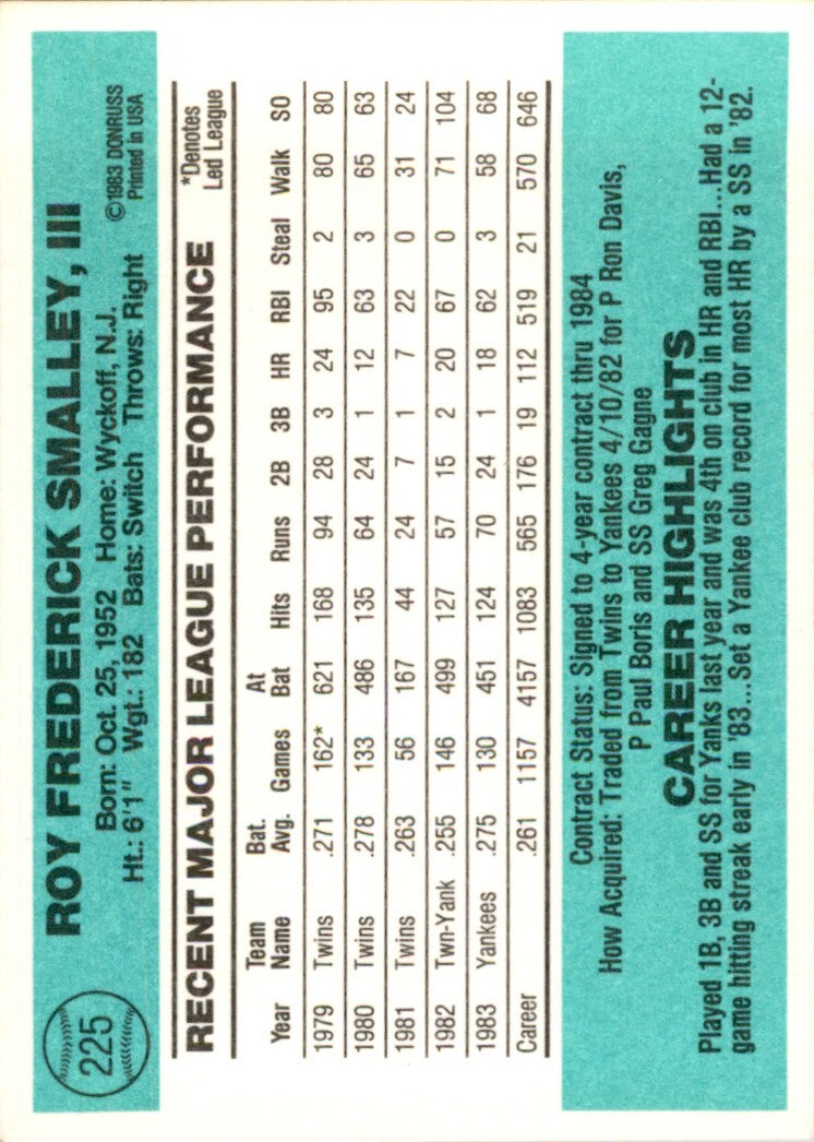 1984 DONRUSS ROY SMALLEY NEW YORK YANKEES #225