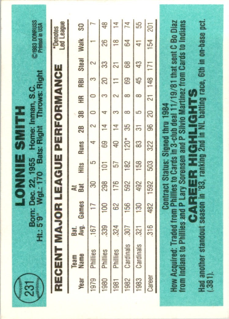 1984 DONRUSS LONNIE SMITH ST. LOUIS CARDINALS #231