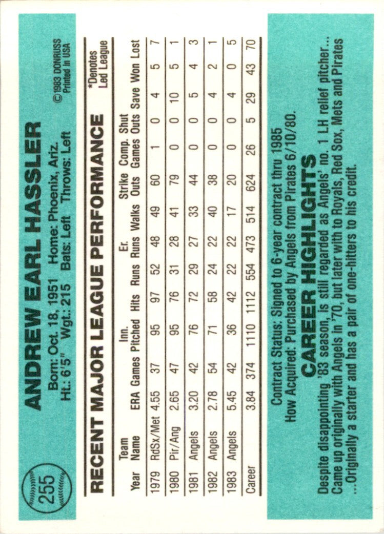 1984 DONRUSS ANDY HASSLER CALIFORNIA ANGELS #255