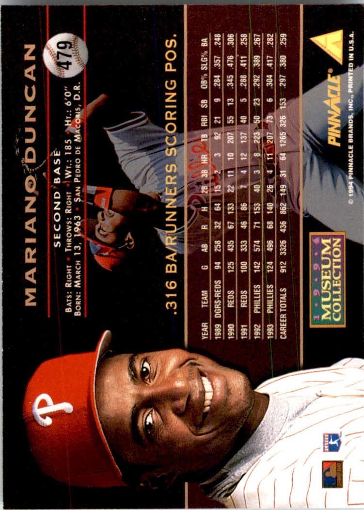 1994 PINNACLE MUSEUM COLLECTION MARIANO DUNCAN PHILADELPHIA PHILLIES #479