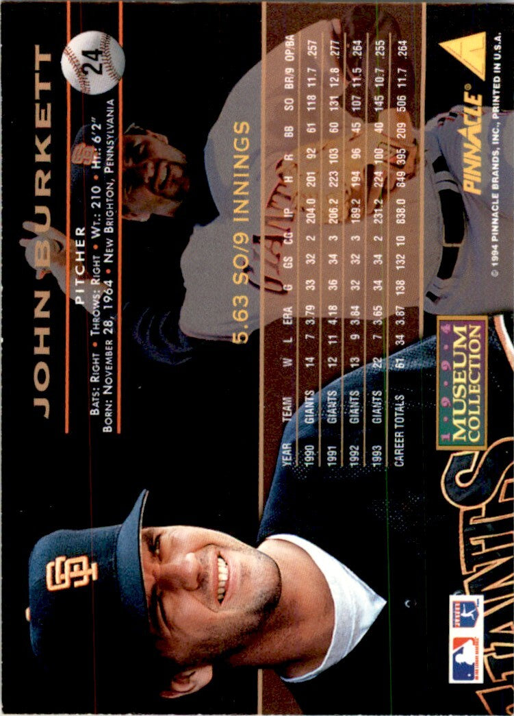 1994 PINNACLE MUSEUM COLLECTION JOHN BURKETT SAN FRANCISCO GIANTS #24