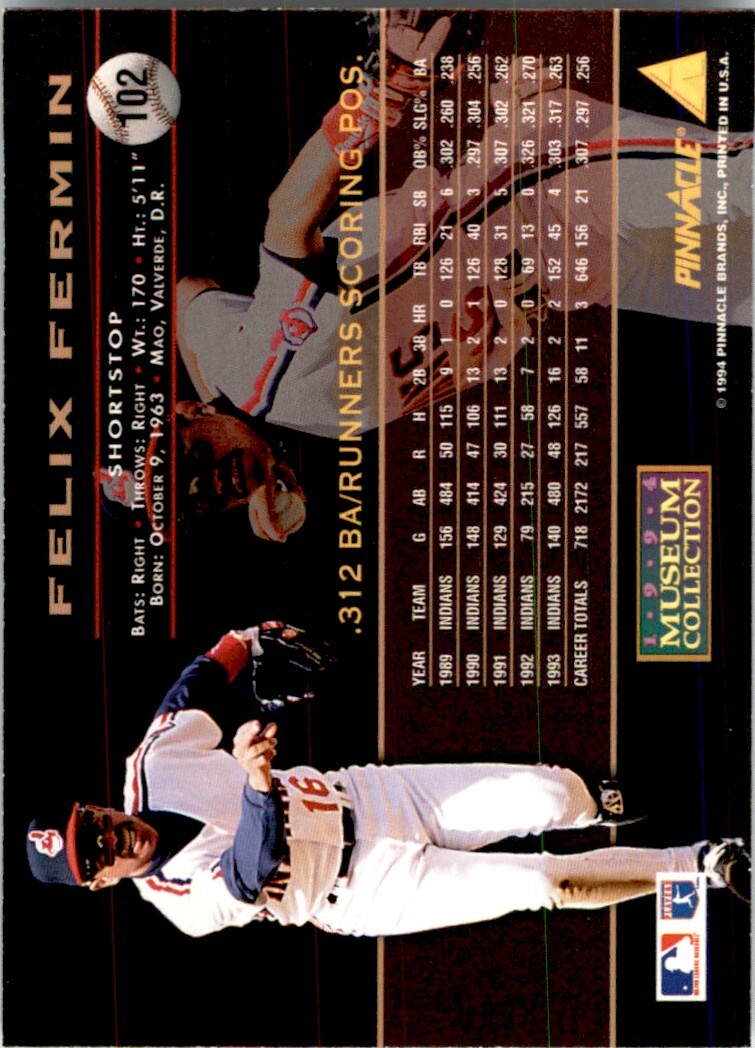 1994 PINNACLE MUSEUM COLLECTION FELIX FERMIN CLEVELAND INDIANS #102